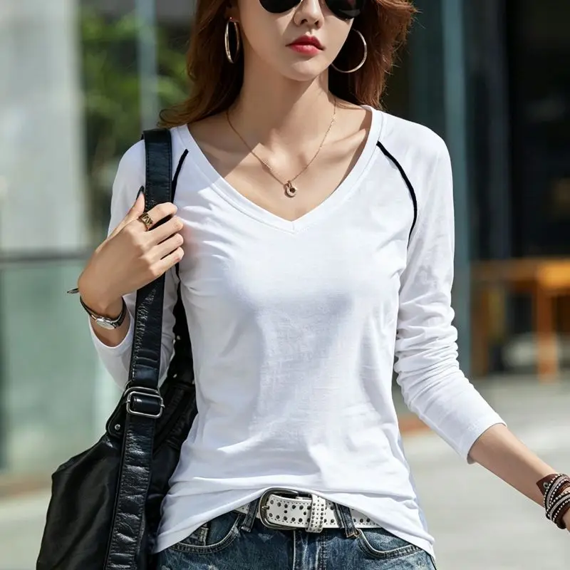 2026 V Neck 100% Cotton T Shirt 180GSM High Quality Smooth Cotton Fabric Women Autumn Long Sleeve Tops T-shirt Female Blouse