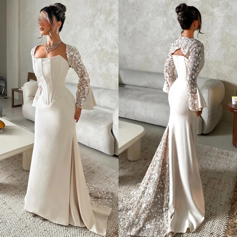 

Customized High Quality Exquisite Jersey Sequined Pleat Mermaid Square Neck Long Dresses Bespoke Occasion Dresses Intricate Sexy