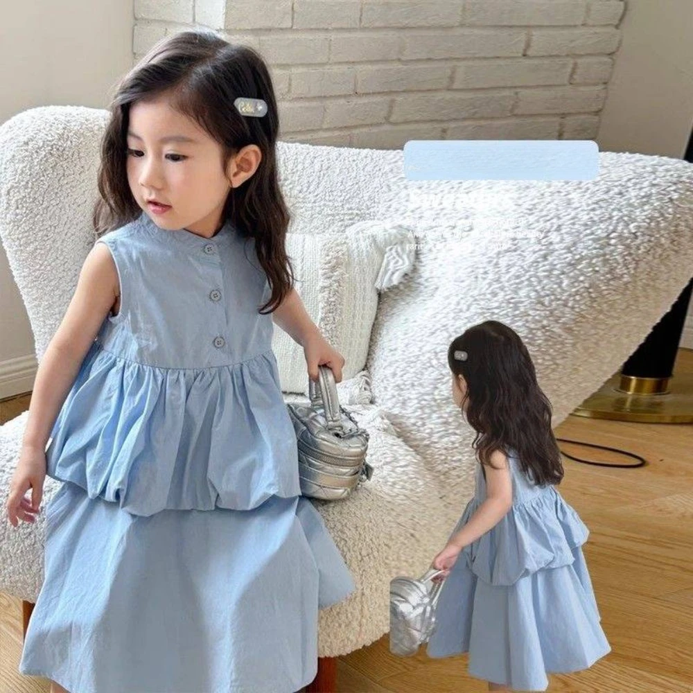 

Summer Children's Clothing Blue Sleeveless Patchwork Dress Korean Version Solid Color Girls Clothes Fashion Casual Vest Dresses
