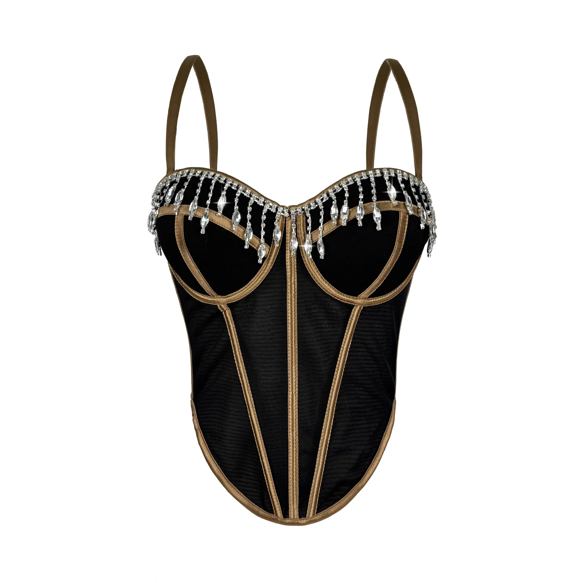 

Crop Top Women Rhinestone Fringed Fishbone Corset Hot Girl Contrasting Slim Camisole Chest Pad Bandeau Sexy Fishbone Top