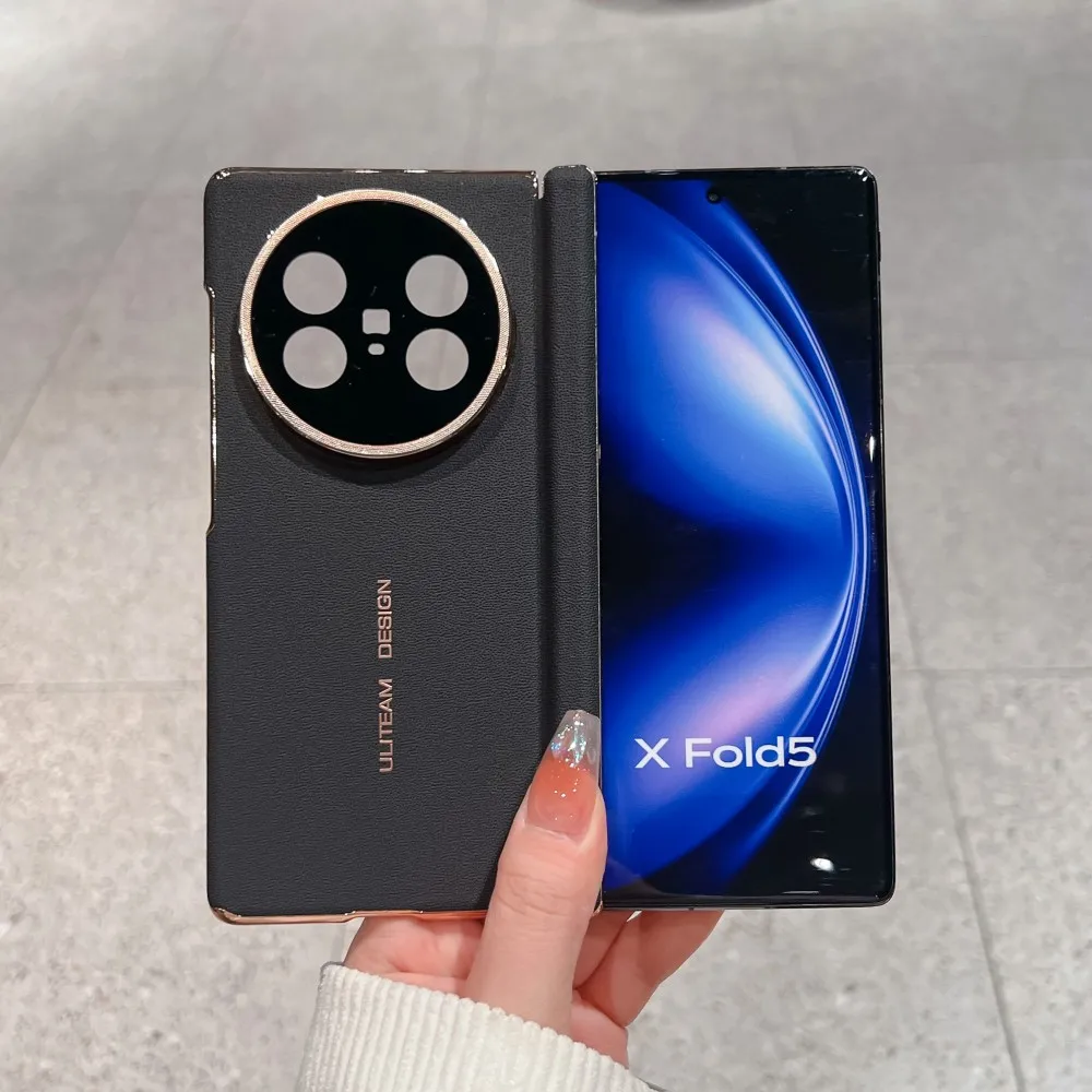 

For VIVO X Fold 5 Case New Luxury PU Leather Plating Double middle hinge Protective Back Cover Case For VIVO X Fold5 Phone Shell
