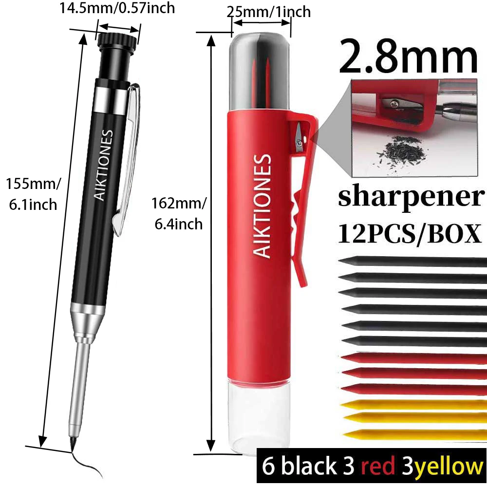 2.8mm Metal Solid Carpenter Pencil Automatic Mechanical Pencil 12 Lead Refills  Built-in Sharpener Carpentry Premium-Quality