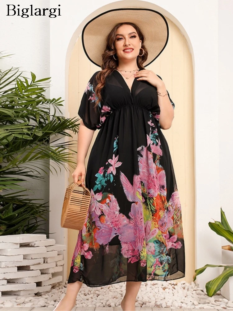 

Шифоновое летнее платье больших размеров с v-образным вырезом, женское платье с цветочным принтом, модные женские платья с открытой спиной, плиссированное свободное женское платье с рюшами