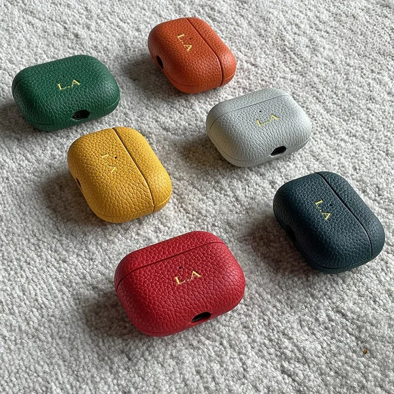 Casing Earphone pola kulit leci mewah untuk Airpods Pro 2 kustom inisial huruf menyesuaikan untuk Airpods 1 2 Pro 3 penutup