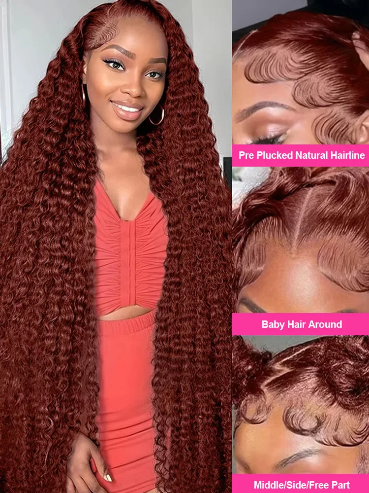 Reddish Brown Deep Wave 13x4 HD Lace Frontal Wig Colored Pre Plucked 40 Inch Curly 13x6 Lace Front Human Hair Wigs For Women