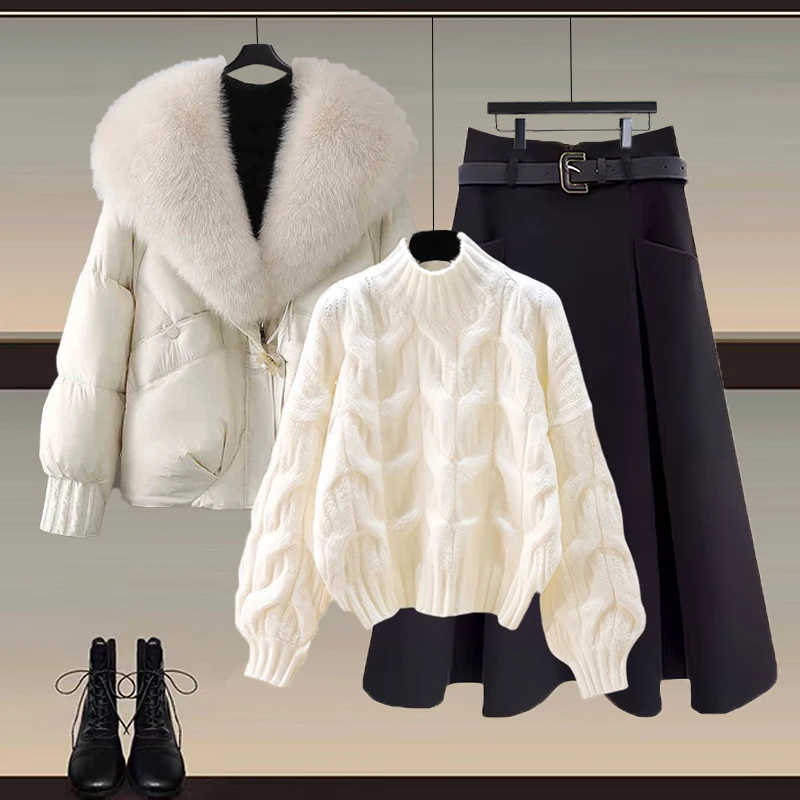 Faionable Winter T-Piece Set Maglione da donna Gonna snellente ingombrante in vita con ampio collo in pelliccia Sensazione di fascia alta