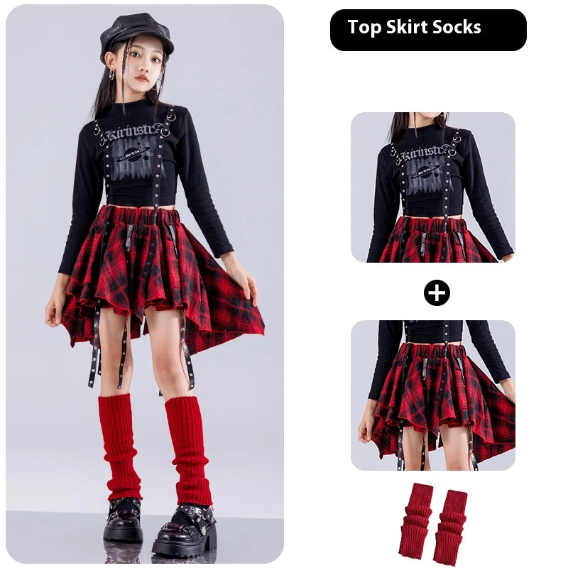 طفل الهيب هوب الملابس المتعثرة المحاصيل الأعلى تي شيرت أسود السراويل البضائع غير رسمية حزام مطوي تنورة للفتيات أزياء رقص الملابس #6