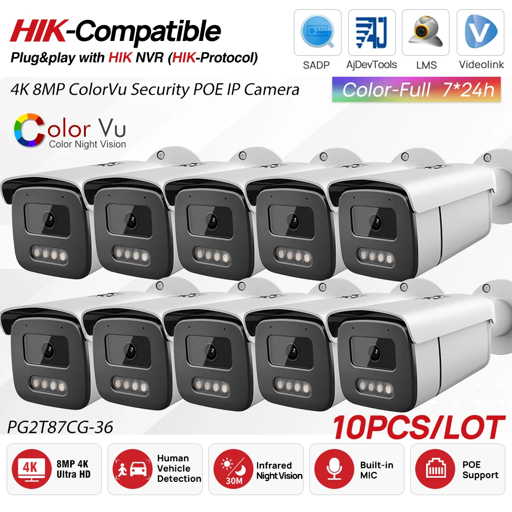 

10 шт. OEM 4K 8MP POE ColorVu IP-камера со встроенным микрофоном, IP-камера видеонаблюдения Plug & Play с HIK NVR, совместимая с Hikvision