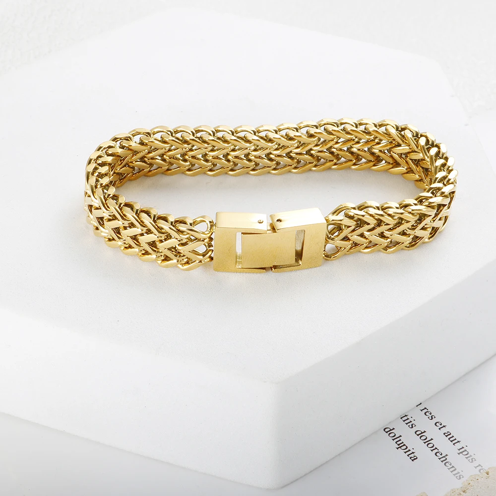 Hip Hop Stainless Steel Chunky Heavy Gold Color Bracelet Thick Texture Link Chain Rock Bracelet  for Men Women