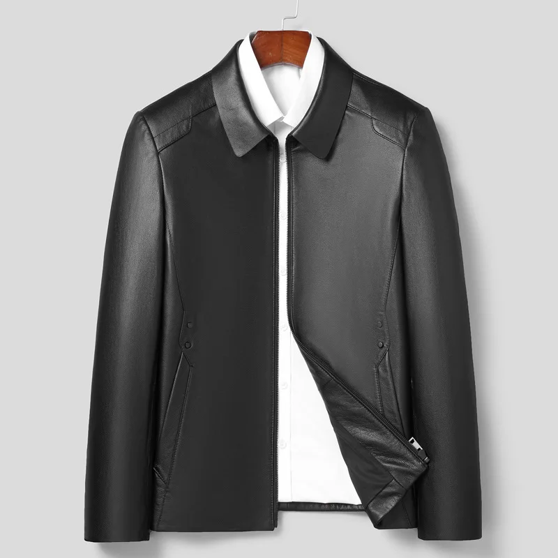 Men's Genuine Leather Jacket, Stand Collar, Cowhide Jacket, Motorcycle, Business Casual Men's Wear
