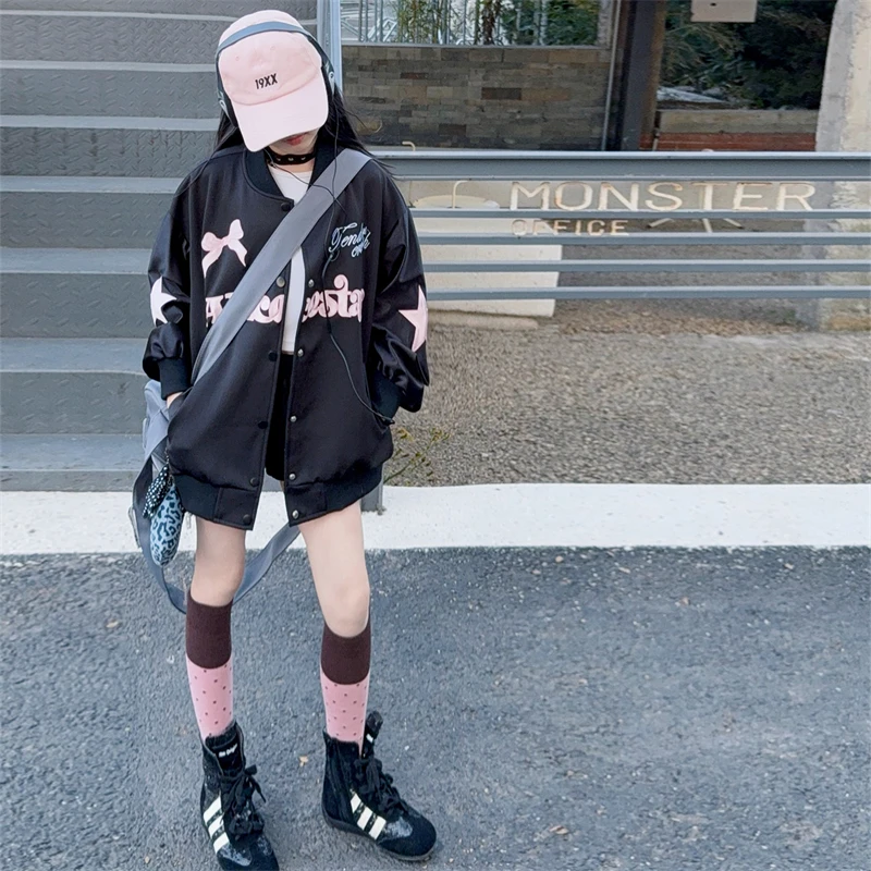 Girls Baseball Jacket Spring Autumn Sweet Bow Star Print Casual Loose Button Down Varsity Jacket Kids Fashion Streetwear Coat