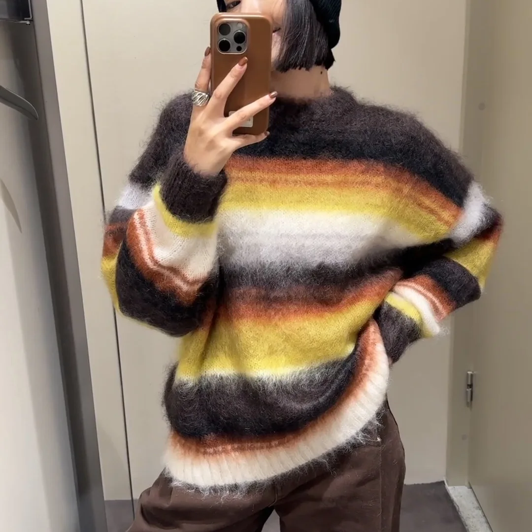 

FL повседневный полосатый пуловер с цветными блоками, женский свободный вязаный свитер с круглым вырезом и длинными рукавами, осень 202, новая женская винтажная уличная одежда