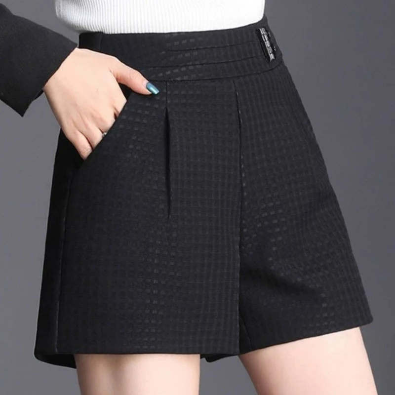 Simplicity Office Lady Fashion Autumn New Women Printing Pockets Korean Casual Elastic High Waist Loose A-line Wide Leg Shorts