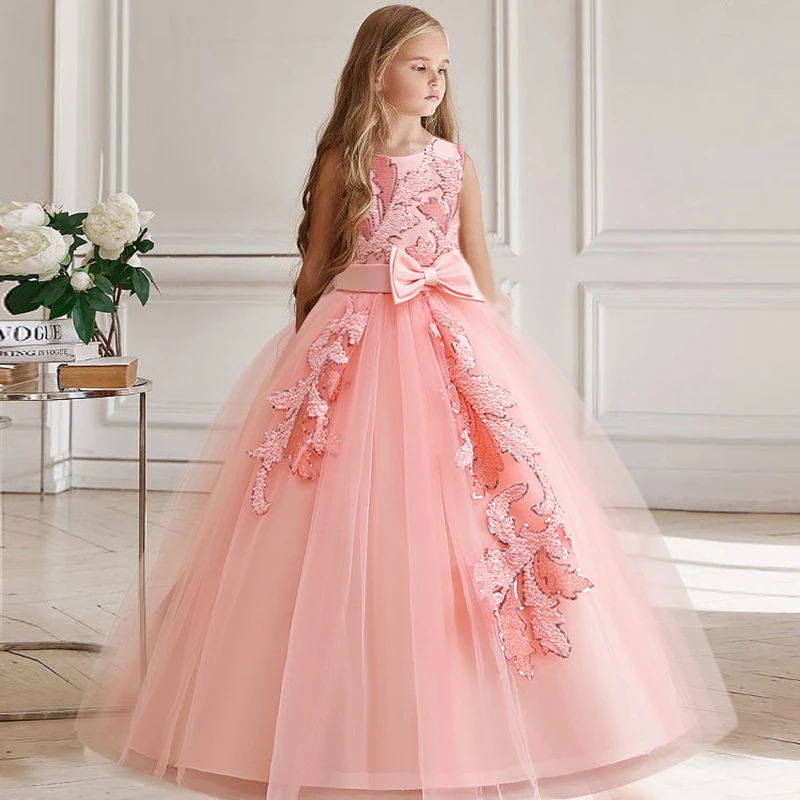 Girl Party Dress Bridesmaid Princess Flower For Wedding Elegant Kids Bow Long Gown Children Formal Gala Clothes 12 13 Y Vestidos