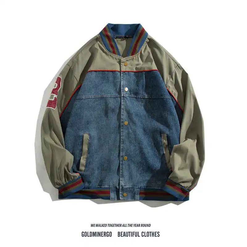 

Retro Japanese Sle Patchwork Color Blo Loose Casual Men's Denim Jaet Embroidered Baseball Collar Jaet for Couples