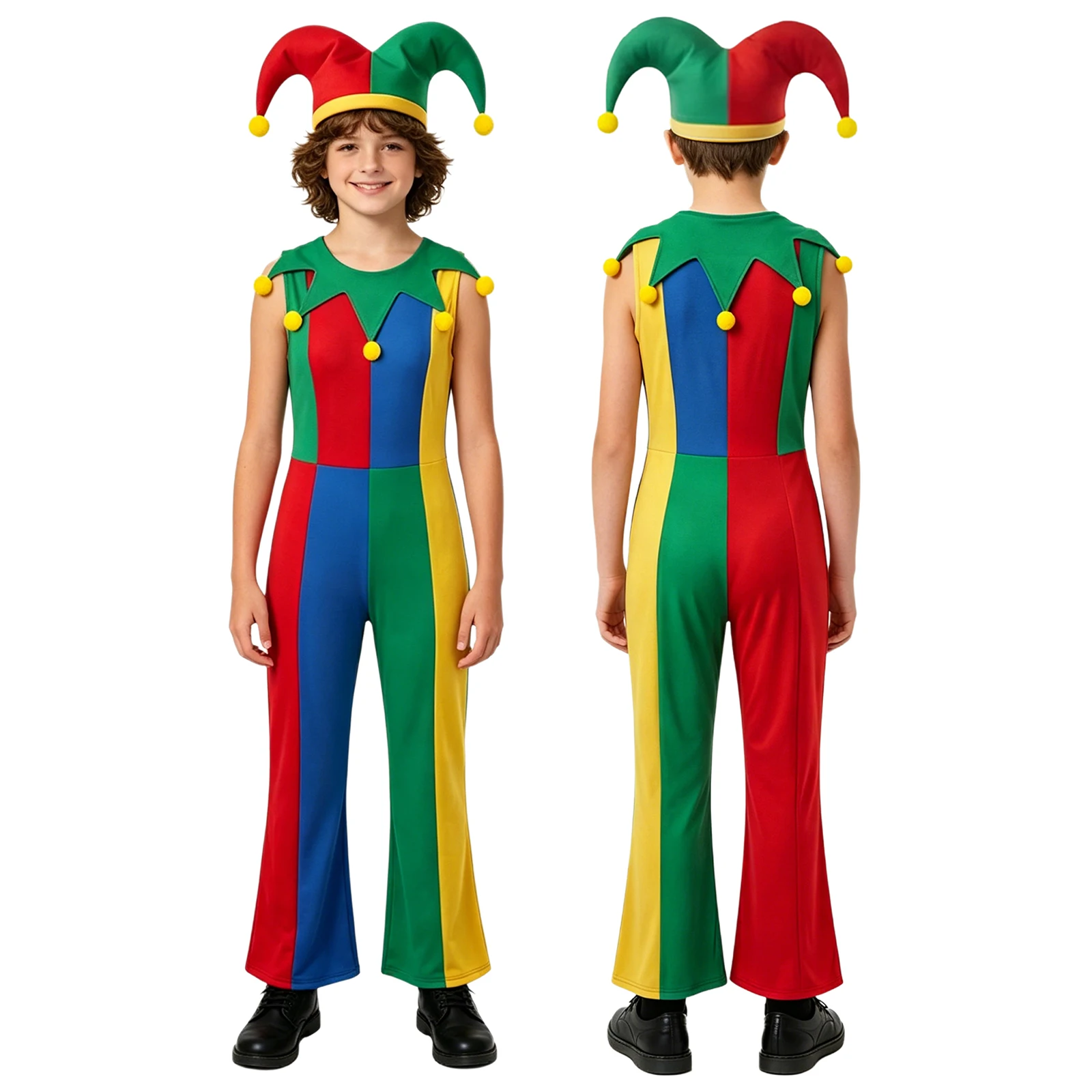 

Halloween Carnival Circus Clown Costume Sleeveless Color Block Flared Jumpsuit with Clown Hat Funny Joker Dress Up Clothes