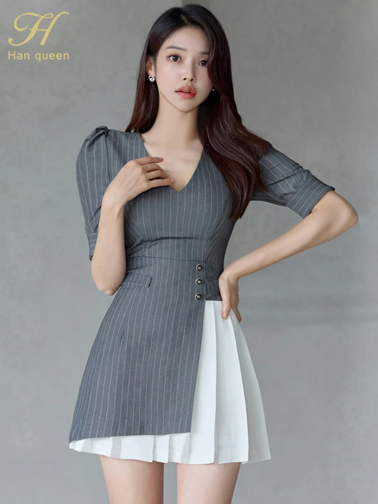 H Han Queen Autumn Summer Dresses Womens Vintage Stripes Elegant Simple Office Party Dress Puff Sleeve Patchwork Pleated Vestido