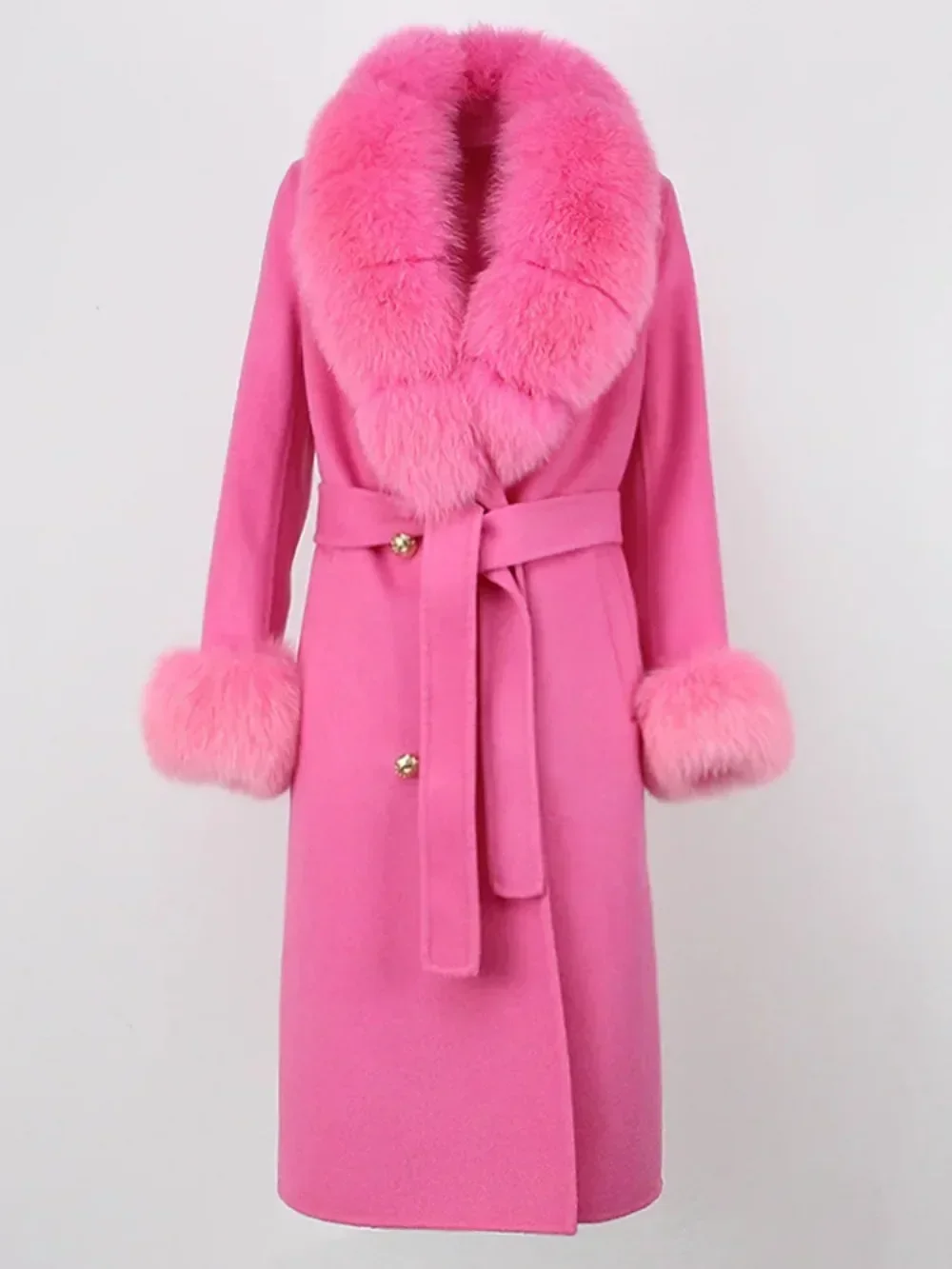 

Женская двубортная шерстяная куртка с поясом, теплое кашемировое пальто из натурального меха, уличная одежда, новая мода, зима 2025 года, длинная смесь натуральной шерсти