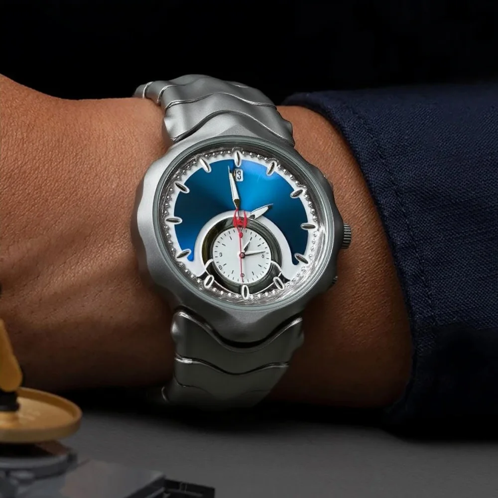 

Серебристо-синие уникальные кварцевые часы с имитацией циферблата для мужчин, креативные часы Y2K с различными формами, водонепроницаемые, светящиеся, стальные часы-браслет