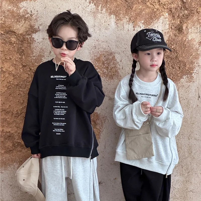 

2024 Spring New Korean-style Childrens Hoodie Boys Girls Word Comfortable Top All-match Fashion Casual Long Sleeves