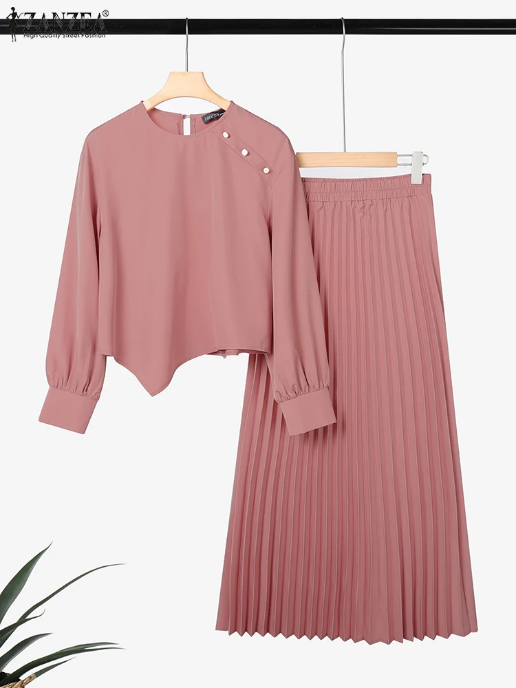 

Мусульманские скромные комплекты из 2 предметов с юбкой ZANZEA Блузка с длинными рукавами с асимметричным подолом и плиссированная юбка макси Исламские наряды хиджабиса 2025