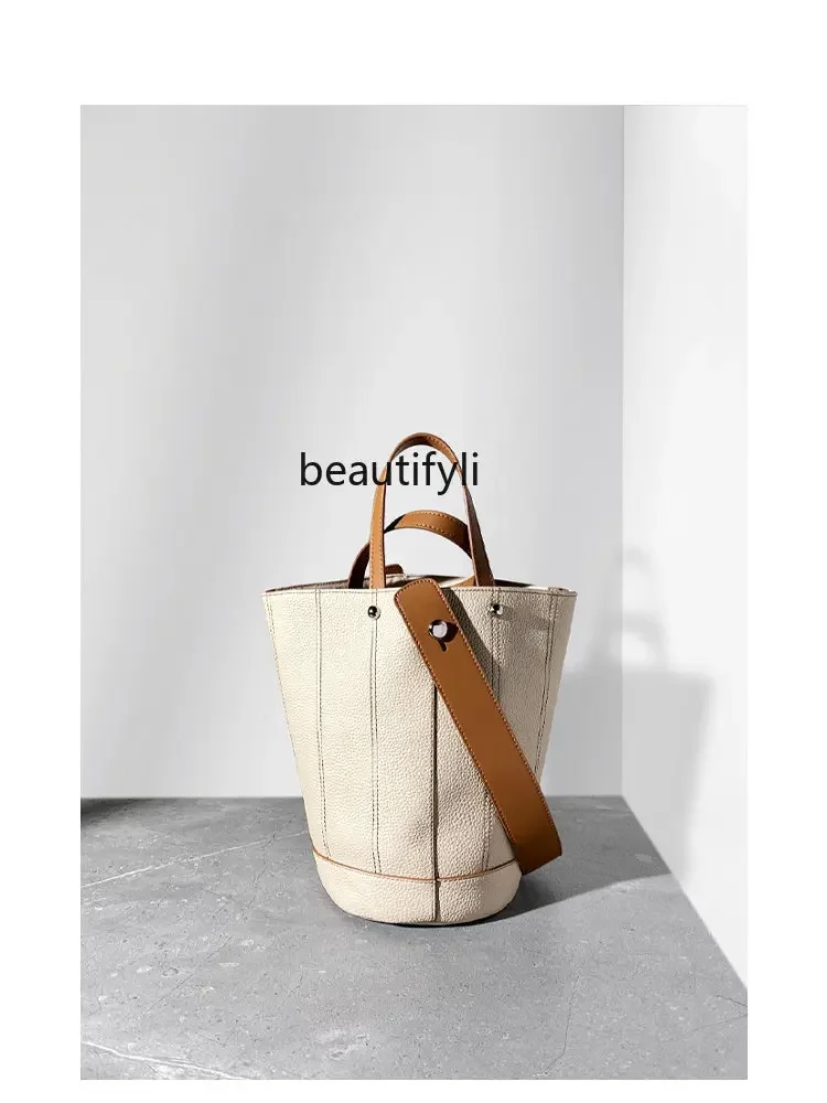 yj Special-Interest Design Genuine Leather Bucket Bag Vegetable Basket Bag Portable Shoulder Messenger Bag