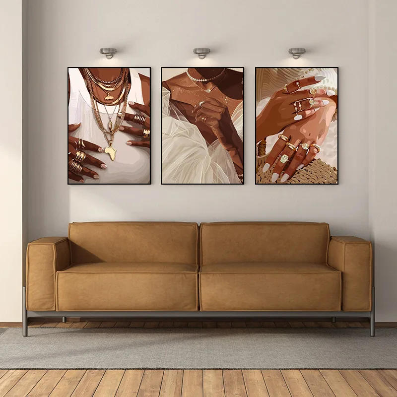 Modern African Black Women Jewelry Necklace Metal Fashion Art Poster Canvas Paintings Wall Art Pictures Home Decor Frameless