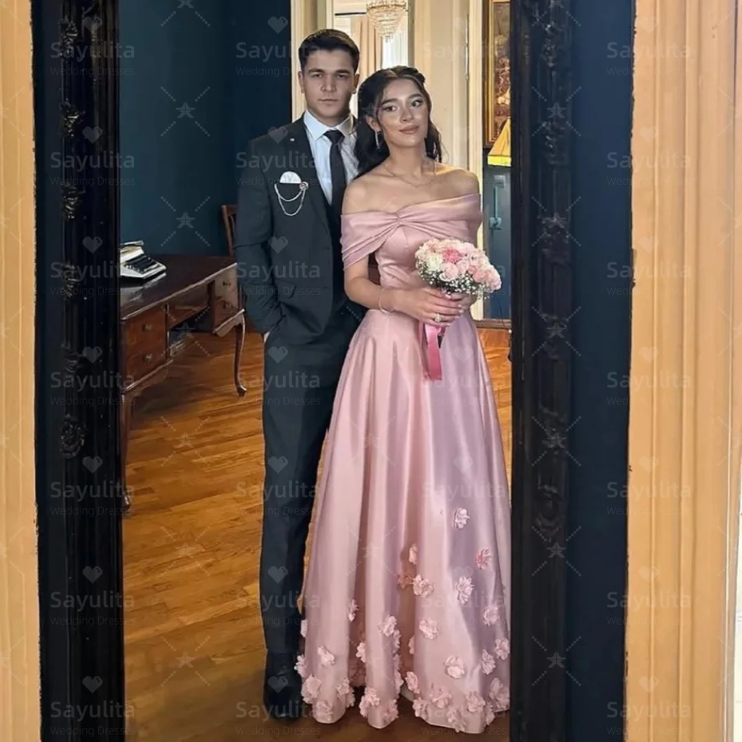 

Sayulita Boat Neck Prom Dresses Sexy Back Birthday Party Dress 3D Flowers Satin A Line Wedding Guests Special Gowns Customized