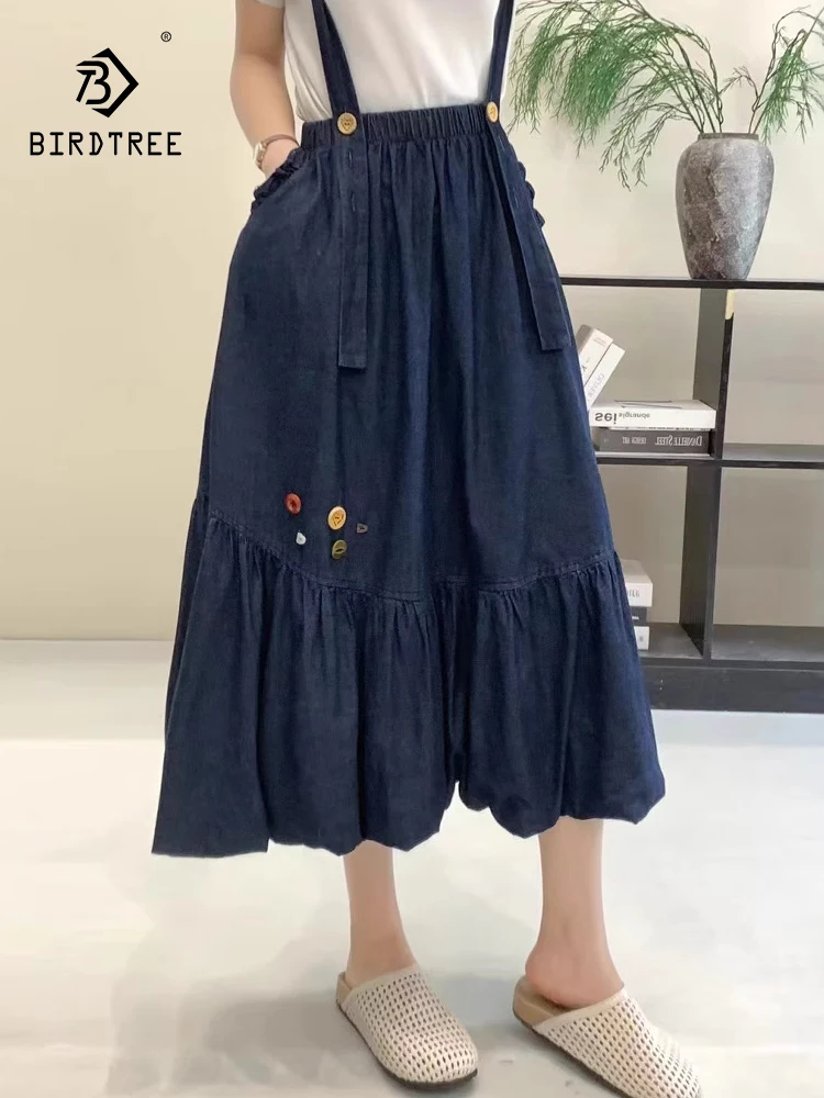 

New 2026 Summer Women Denim Pinafore Dresses, Ruffles Pocket Patchwork, Mori Girl Sweet Age Reduction Bud A-line Dress D64692CC