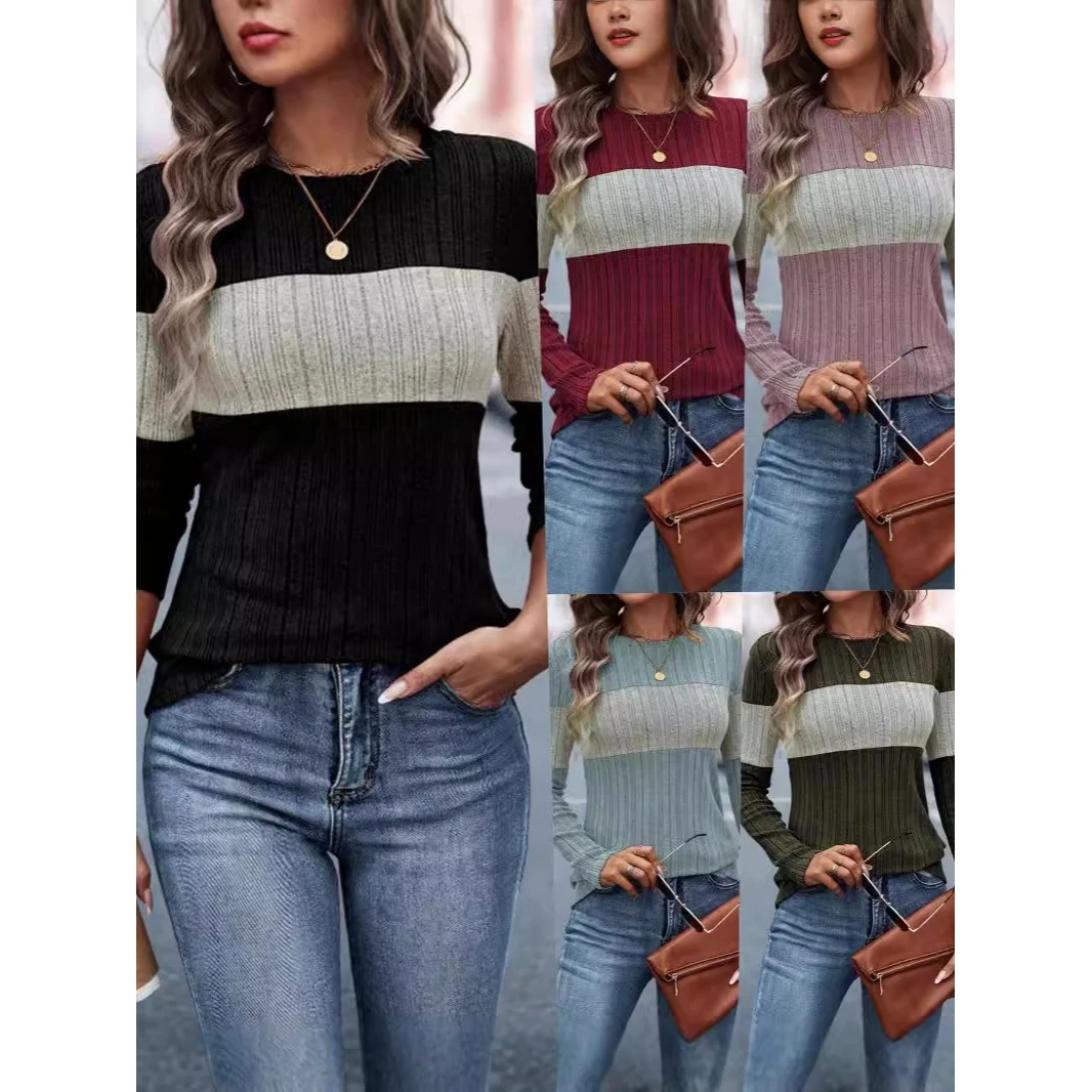 

Women's Color Blo Long Sve T-irt Casual Sle round Ne Pullover Knitted Top Contrast Color Design for Autumn Wear