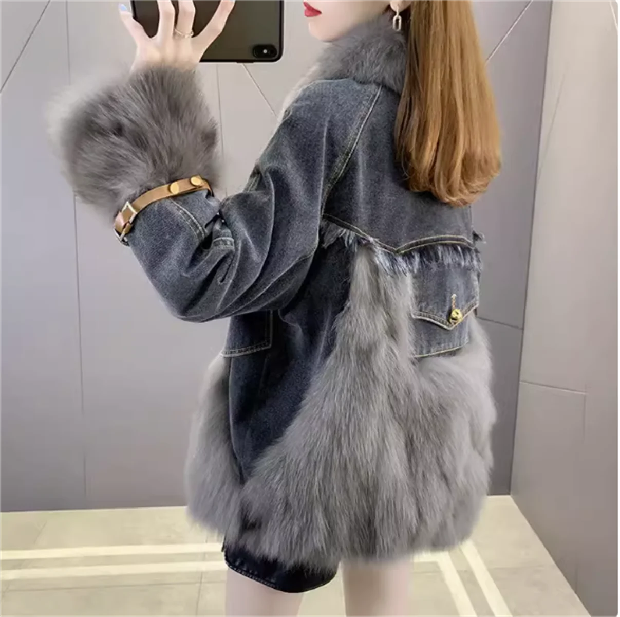 Parker's new winter fox fur denim jacket for women, short style imitation down jacket, Haining fur S recommends weighing less th