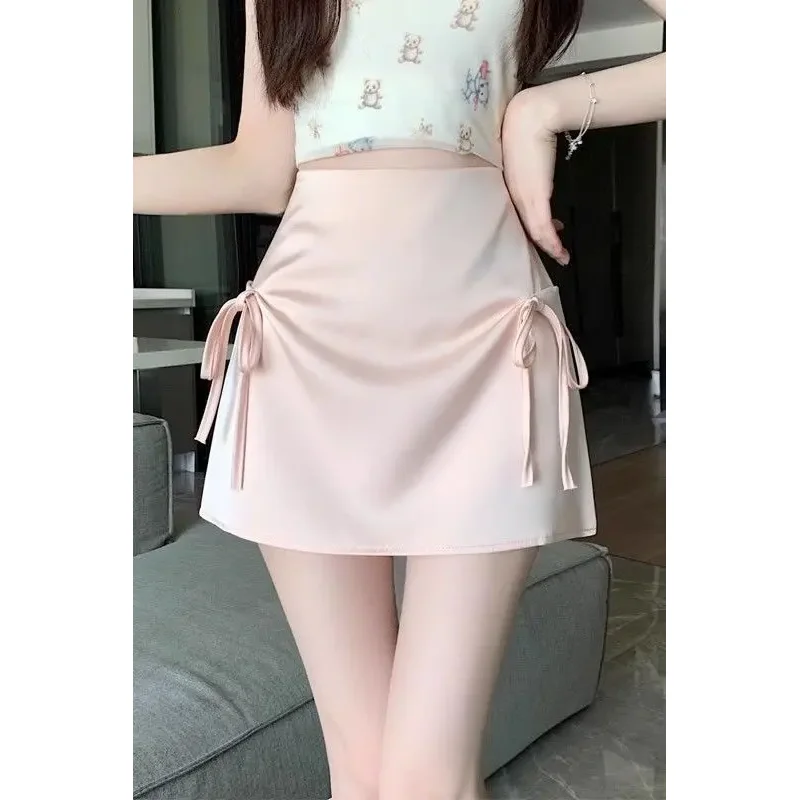 

Women's Thin Style Anti-exposure High Waist Slimming A-line Hip Pink Bow Hot Girl Skirt