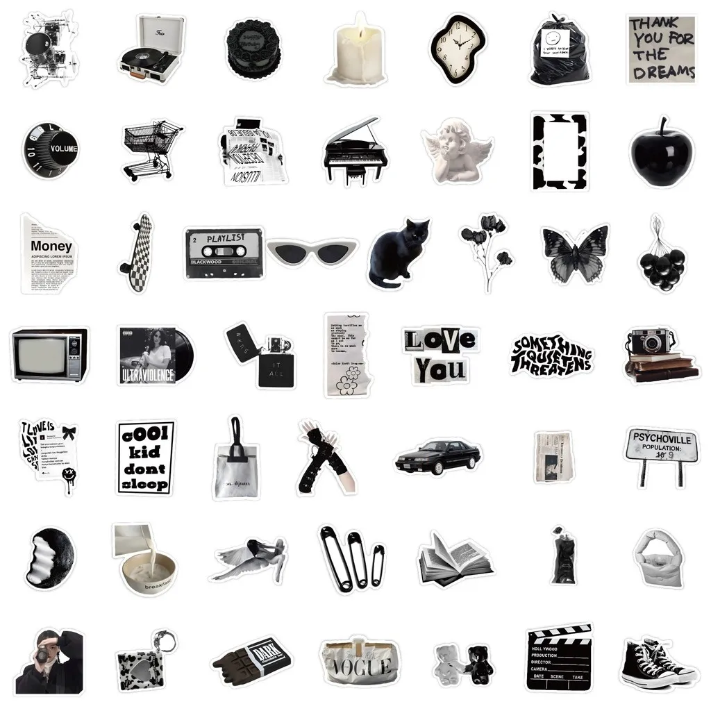 50 قطعة من ملصقات الأفلام الصامتة باللونين الأبيض والأسود المتنوعة - شارات زخرفية لطيفة لمجلات ديكور الغرفة ومتجر ملصقات BulingBuling