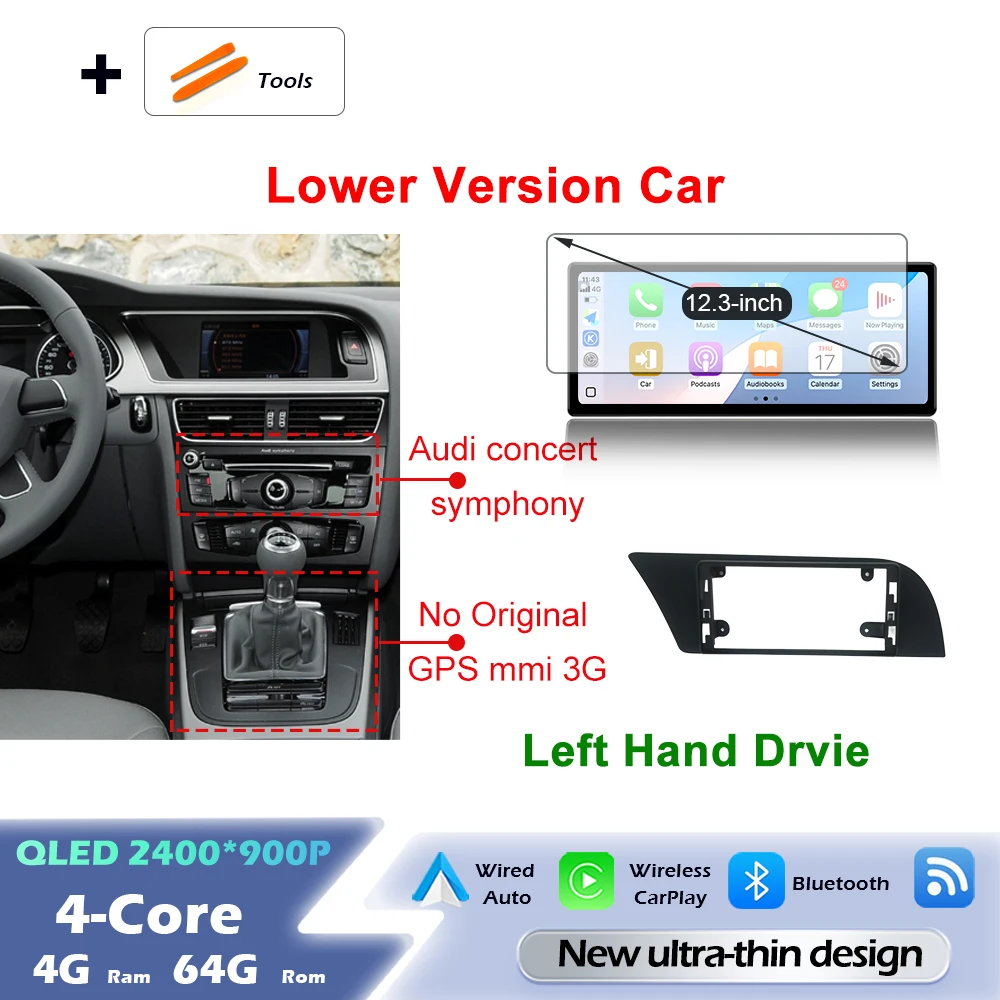 Android 16 draadloze Carplay autoradio multimediaspeler GPS navigatie ultradunne scherm DSP stereo WiFi voor Audi A4 B8 A5 2009 - 2016