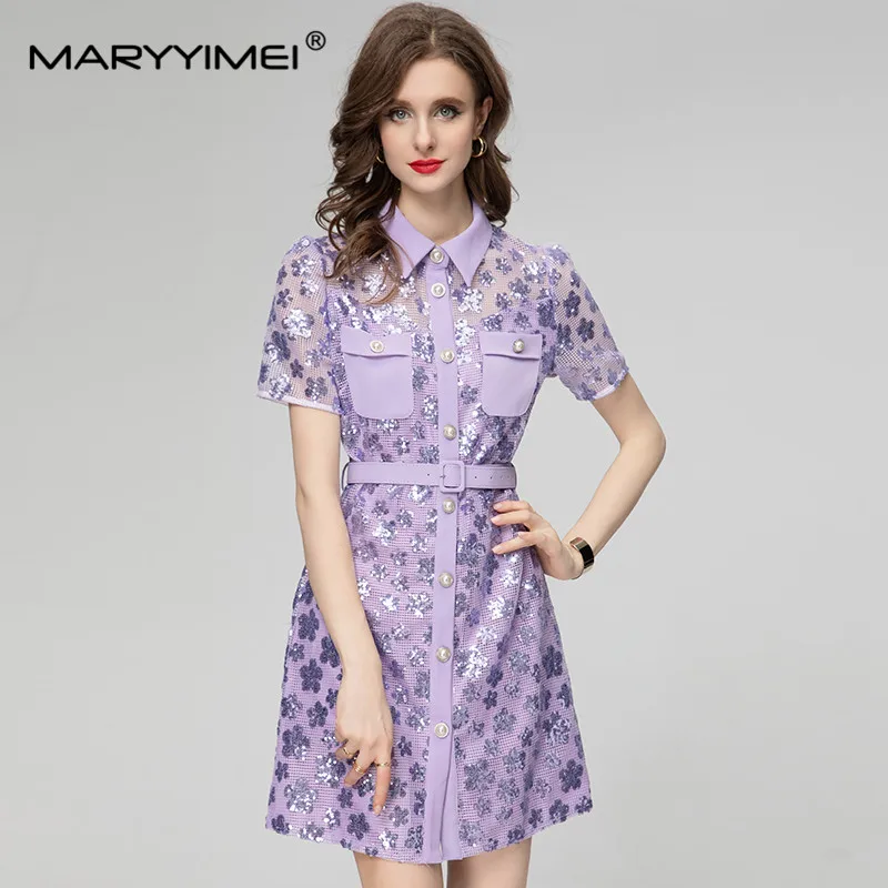 

MARYYIMEI Fashion Runway Designer Women's Lapel Short Sleeve Pocket Sequin Single Breasted Detachable Belt Street-Style Dress