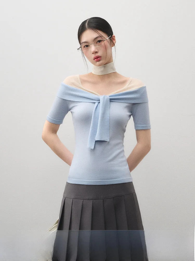 

Slimming Knitted Me One-oulder ort-Sve T-irt Summer Asymmetrical La Lune Du Ciel Cute Japanese Sle Patchwork