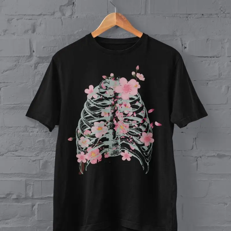 

Футболка со скелетом, пастельная готическая одежда, гранж, ребра, полевые цветы, альтернативная темная академия Y2K Goblincore