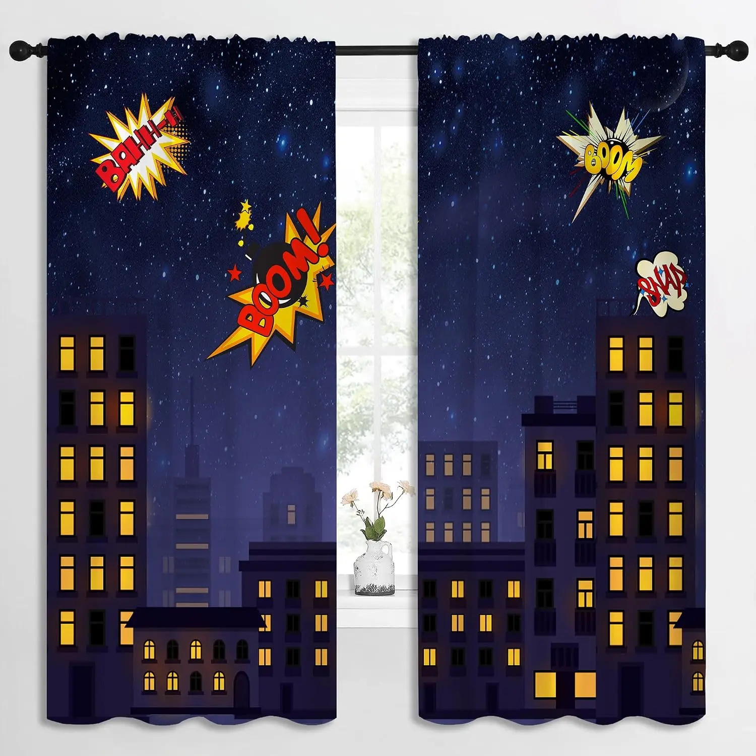 Cartoon City Night Star Sky Comic Boom Sound Effect Blackout Rod Pocket Curtain Cool Superhero Decor Boys Homestay Bedroom Rest