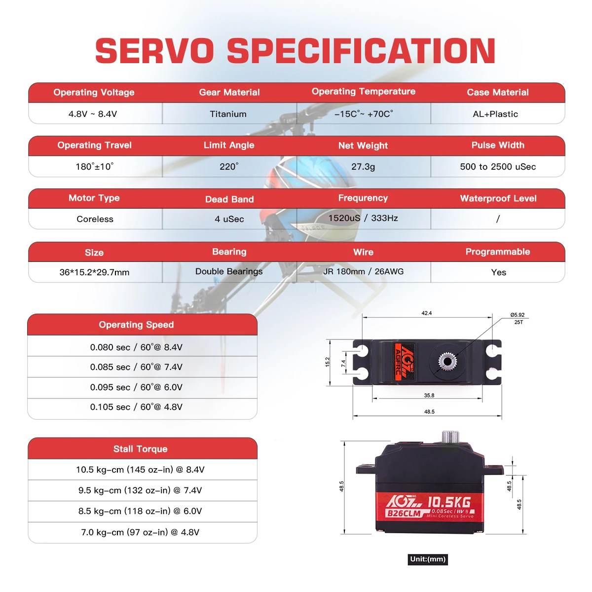 AGFRC B26CLM coppia elevata 10.5KG velocità veloce 0.080sec ingranaggio in titanio Mini formato HV DC Coreless Servo per 1/12 RC auto elicottero fai