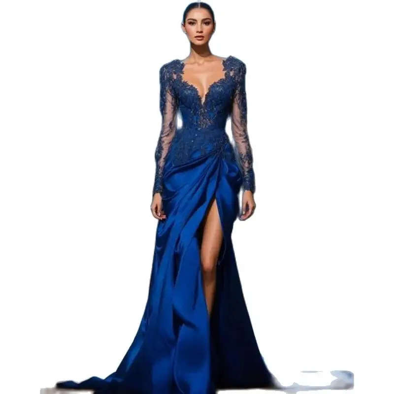 Blue Evening Dress for Pretty Women High Split V-Neck Long Sleeve Appliques Satin Formal Occasion High Quality платье женское