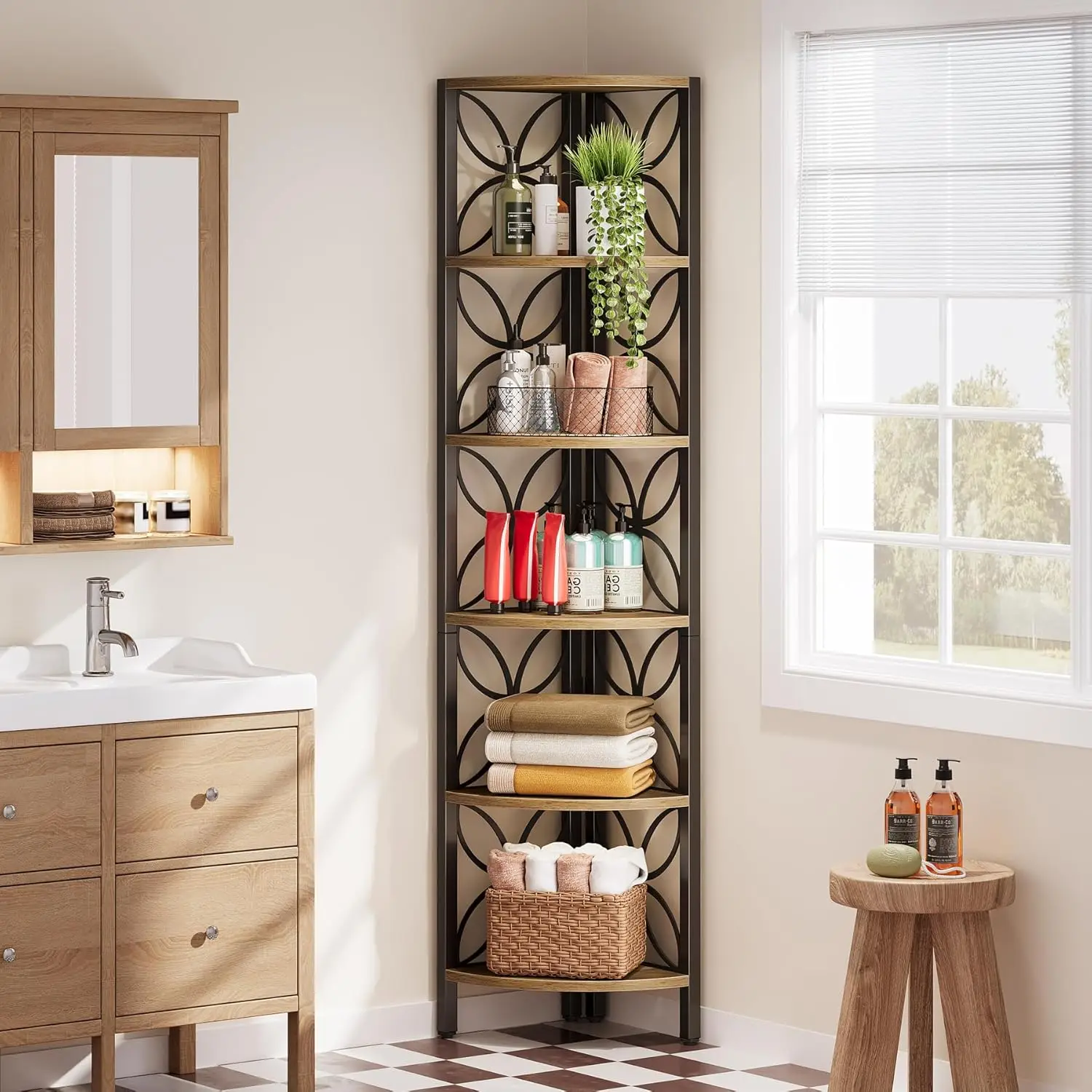 مجموعة أرفف زاوية مكونة من 6 طبقات مكونة من 2 (70.9 بوصة) - رف كتب ريفية صناعية لغرفة المعيشة/غرفة النوم/الحمام