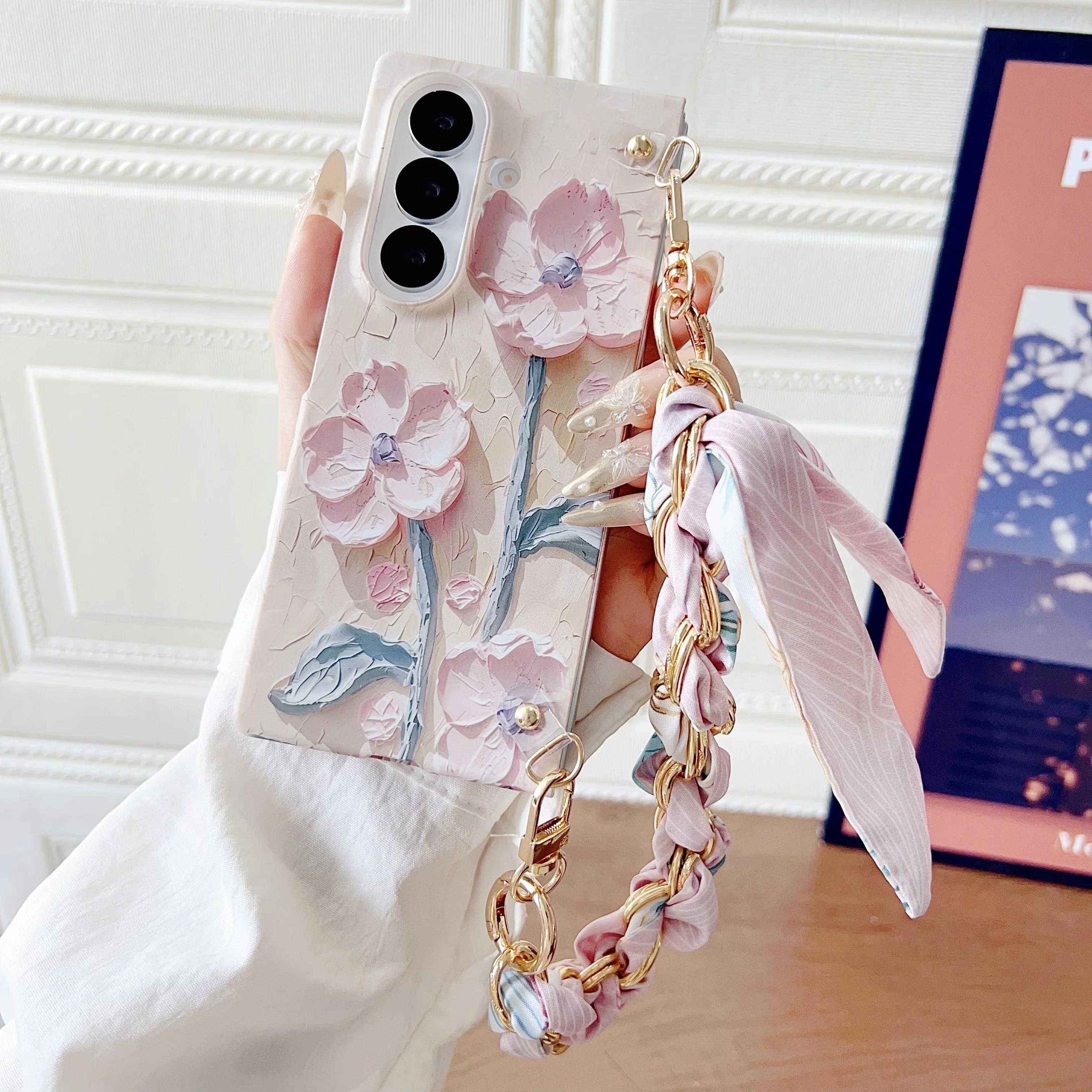 For Samsung Galaxy Z Fold 8 7 6 5 New Korean Floating Cute Fresh Oil Painting Shockproof Case With Stylish Silk Wrist Strap