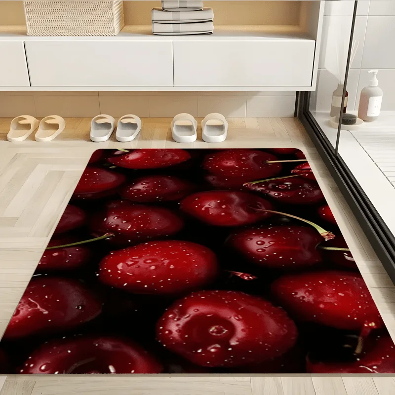 Red Cherry Flannel Rug Fruit Pattern Floor Mat Soft Non-slip Area Carpet for Living Room Bedroom Home Decor