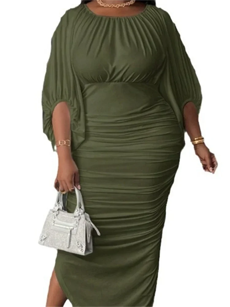 

2025 New Plus Size Dresses for Women Bodycon Stretch Elegant Bdraped Sleeve Split Hem Maxi Dress Summer Wholesale Dropshipping