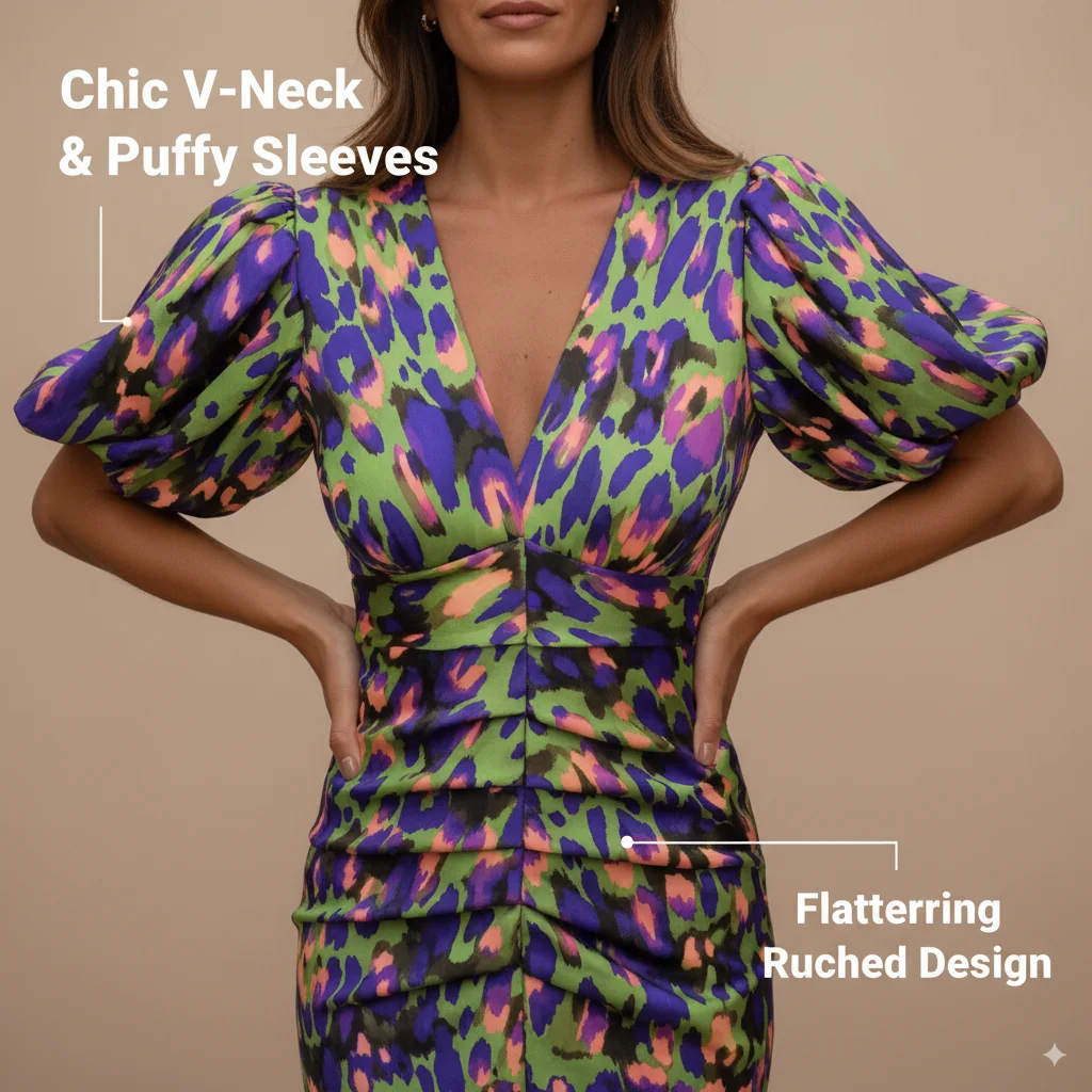 Robe d'été pour femmes, col en V, manches courtes bouffantes, moulante, taille froncée, imprimé léopard, fête, Cocktail, vacances, tenue élégante à la mode