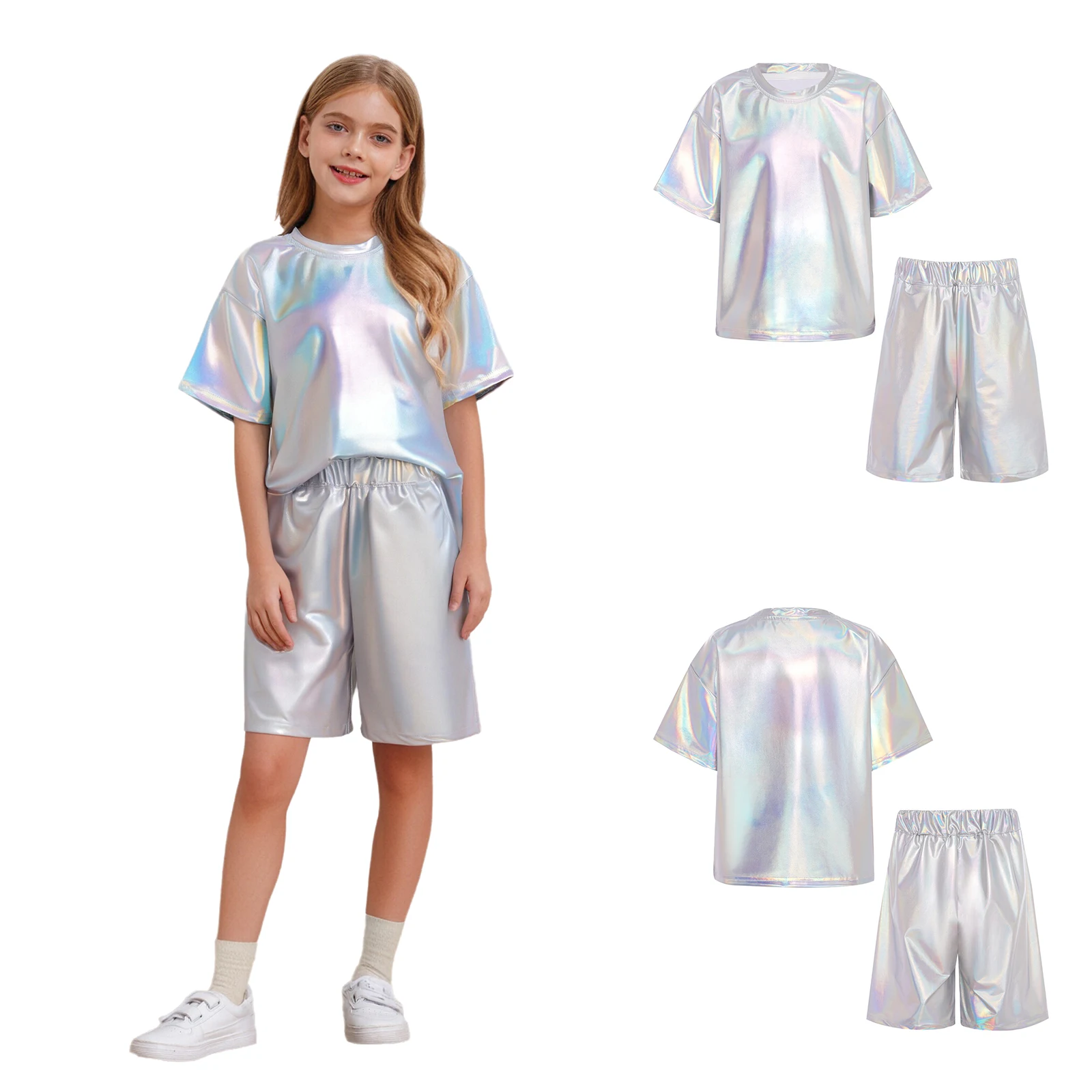 أزياء أطفال بنين الهيب هوب رقص الجاز الزي قصيرة الأكمام لامع تي شيرت مع جيوب حزام مطاط السراويل أداء مجموعات #4