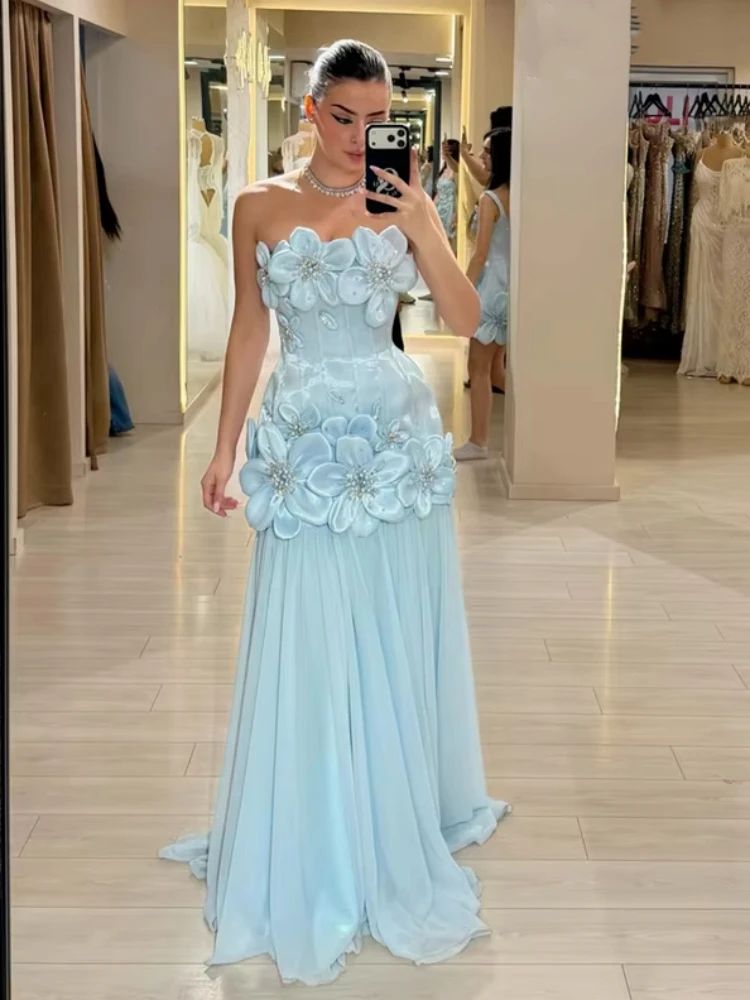 Sexy Strapless 3D Flower Beaded Maxi Dress Women Sleeveless Backless Luxury Rhinestone Florals A-line Dresses Evening Party Gown