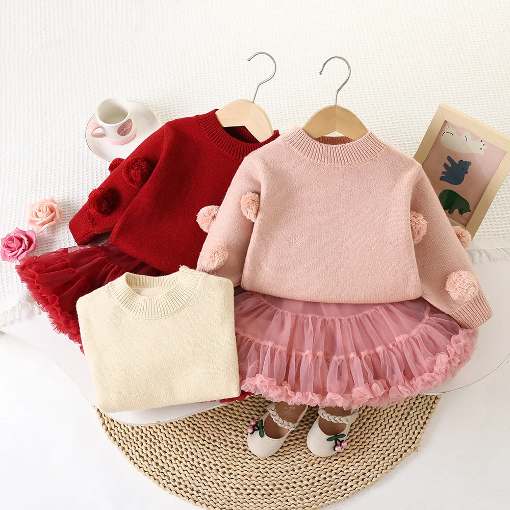 

Girls Knitted Clothes Sets Spring Autumn Children Woolen Jersey Sweaters Tops Tutu Skirts Princess Dress Suit Baby Outfits Kids