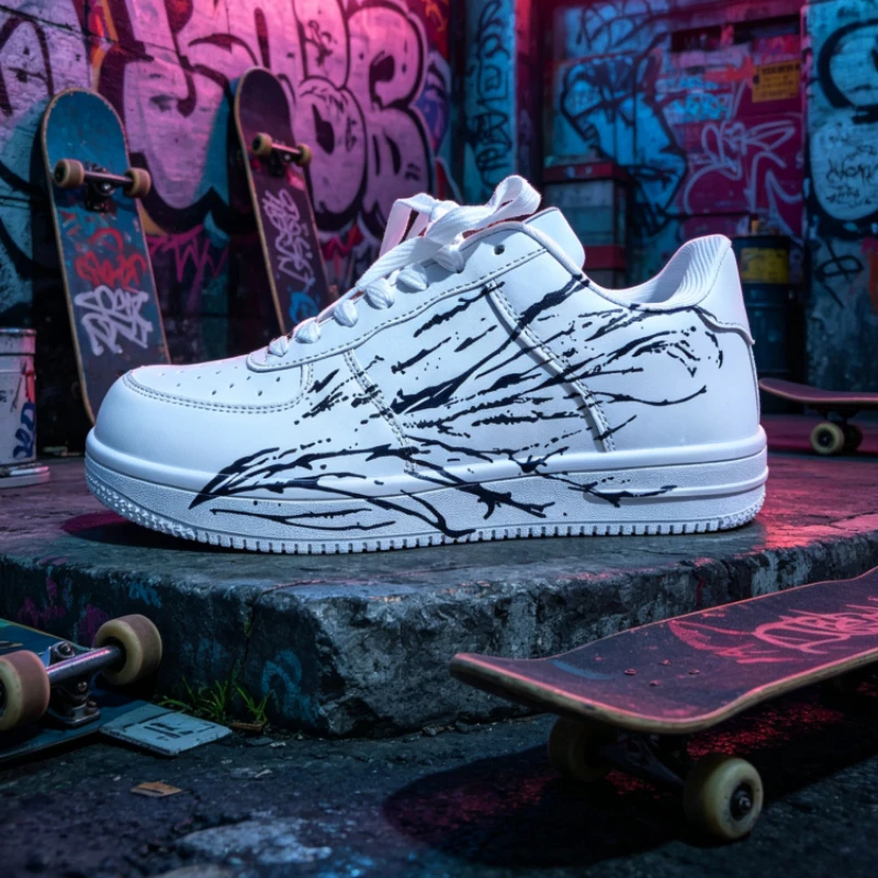 

Black Ink Print White Casual Sneakers Unisex Street Style Platform Skate Shoes 36-45 Couple Footwear