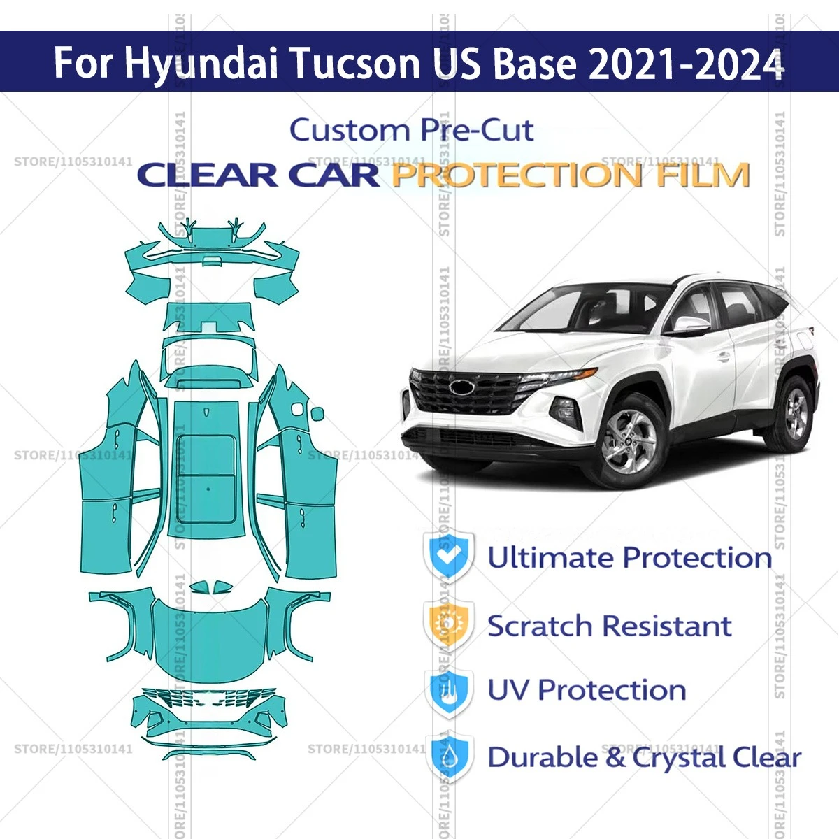 

Предварительно нарезанная прозрачная защитная пленка PPF для автомобилей, автомобильная пленка PPF для Hyundai Tucson (версия для США) 2021-2024, полный комплект для автомобиля.